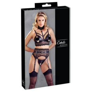 Cottelli Bondage - čipkasto sjajni komplet donjeg rublja s lisicama